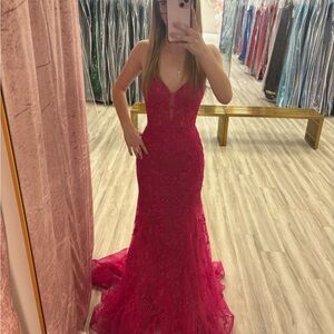 Ellie Wilde Fuchsia Lace Prom Dress